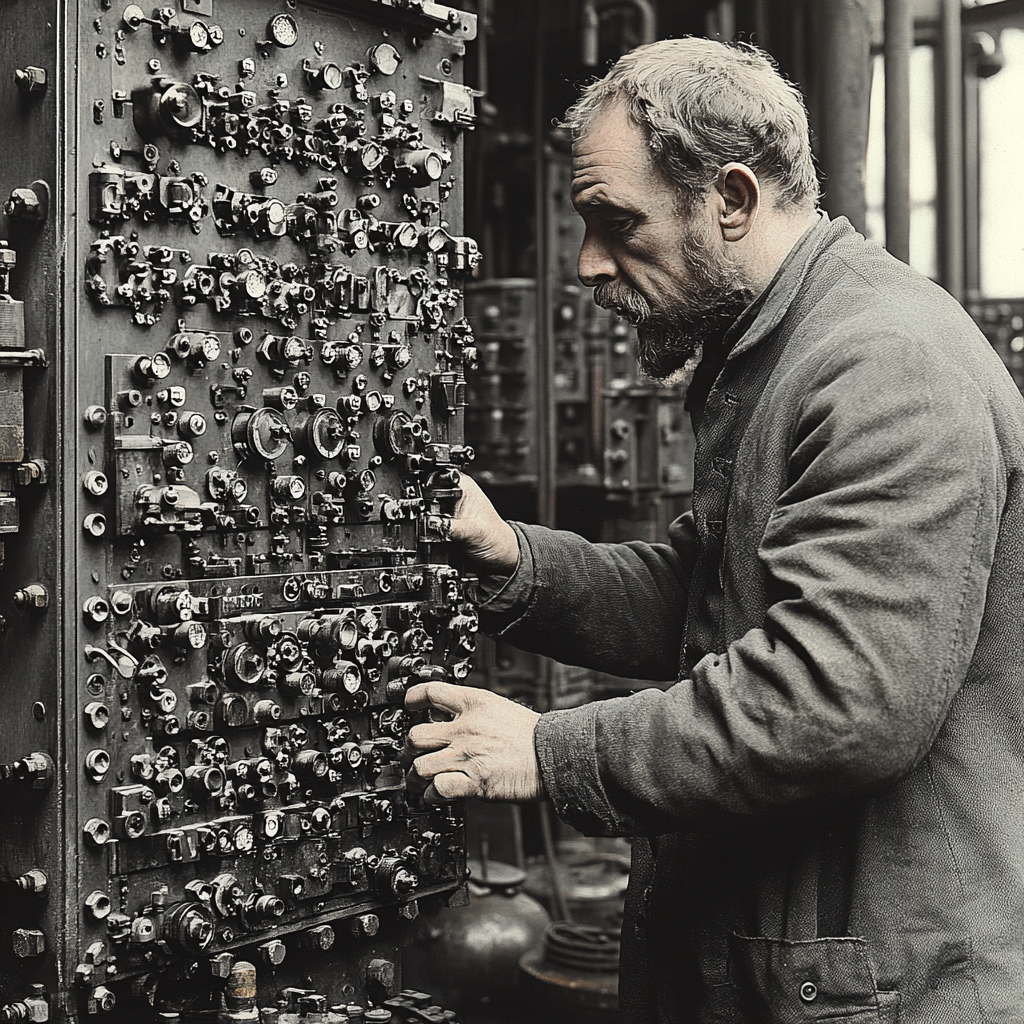 Man pulls lever in old workshop, struggle evident.