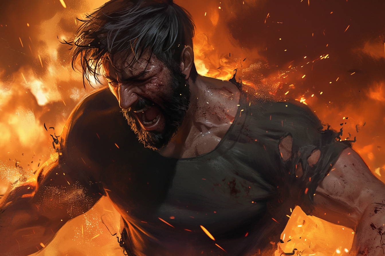 Man raging in flames, horror art, ultra detailed.