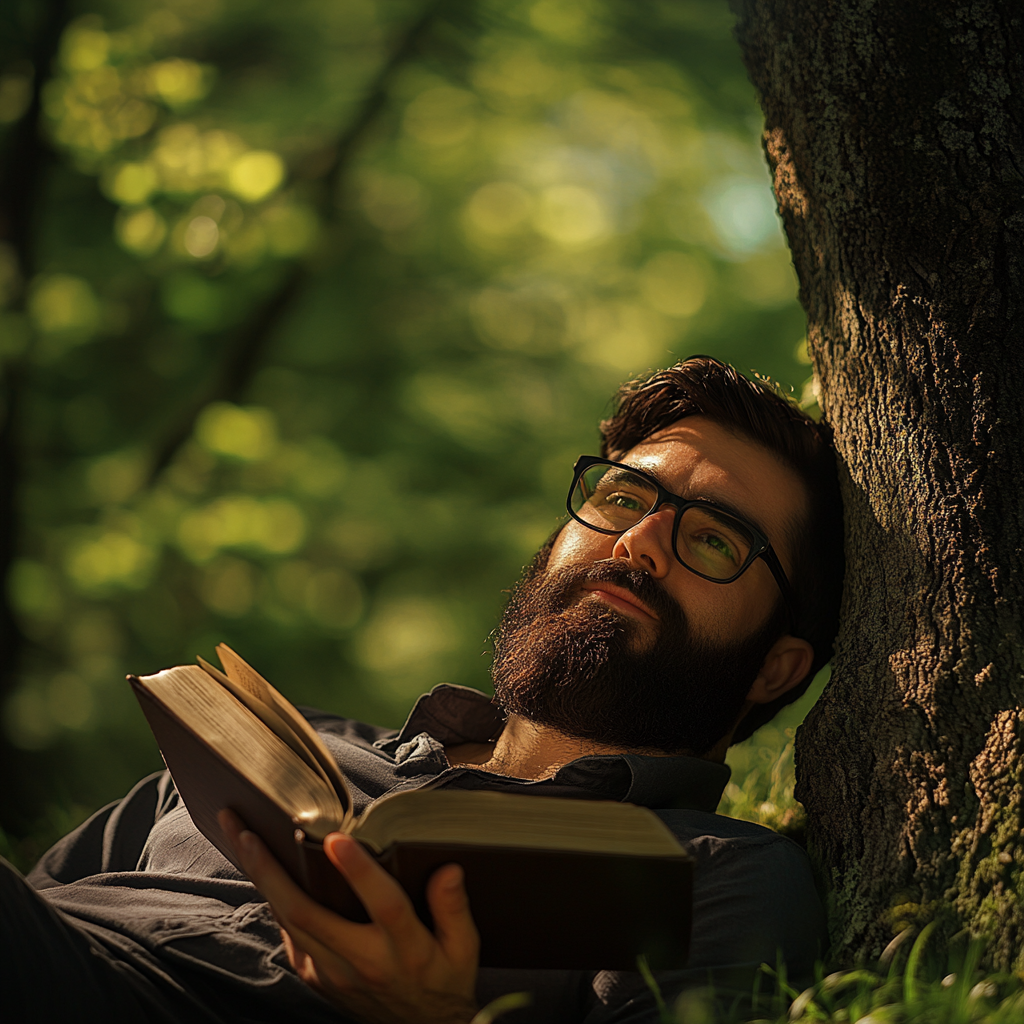 Man reading Bible under tree in nature, hyper realistic.