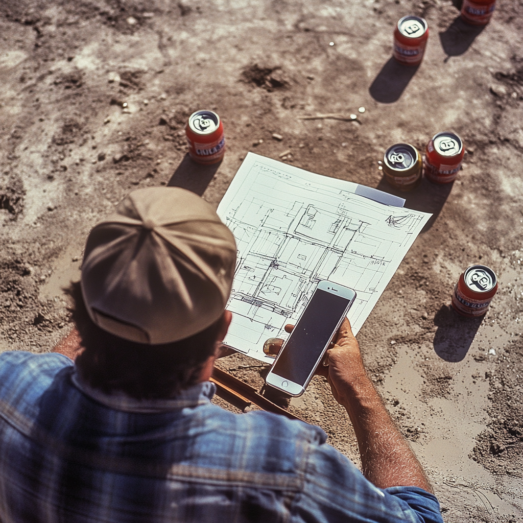 Man reading construction plans on 1970s site