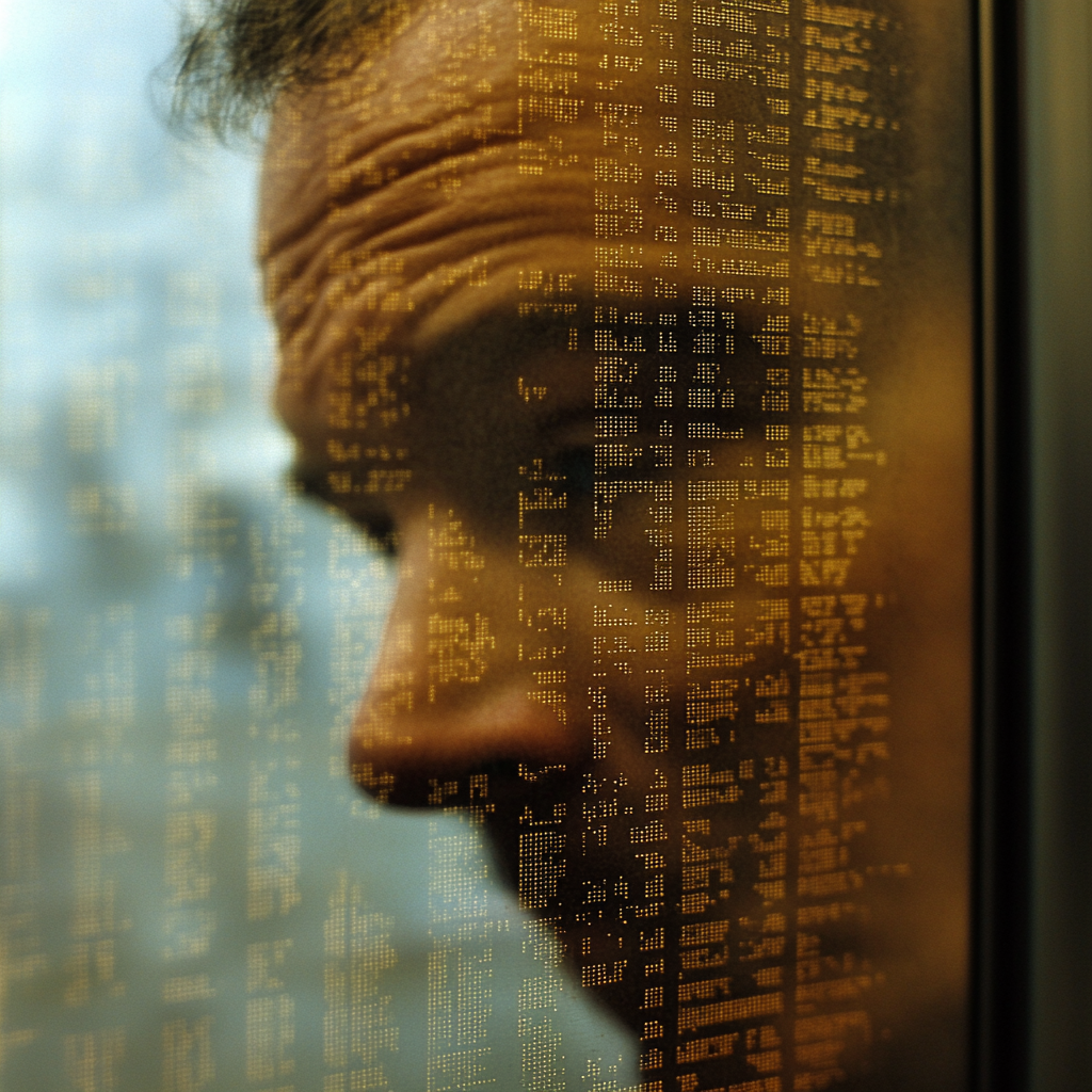 Man reflects on departure board with hopeful expression