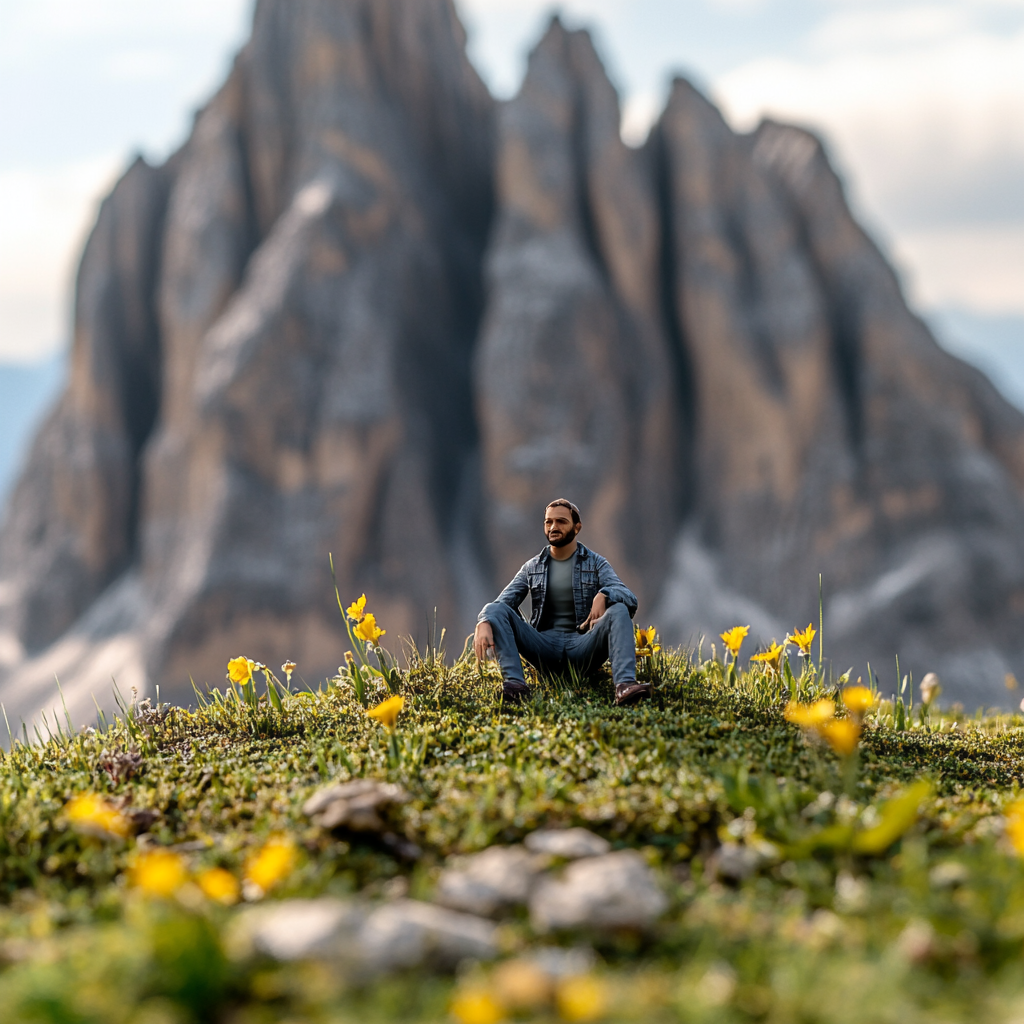 Man relaxing in Dolomite mountain landscape.