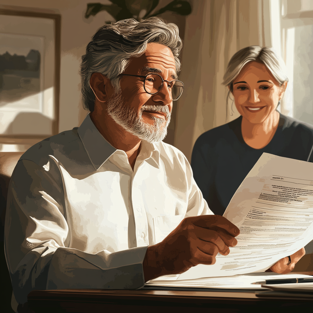 Man reviewing documents, financial advisor offers guidance and support.