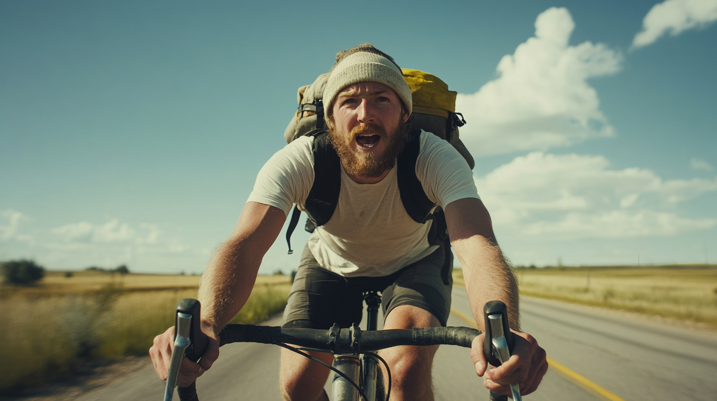 Man riding road bike in country race, determined expression.