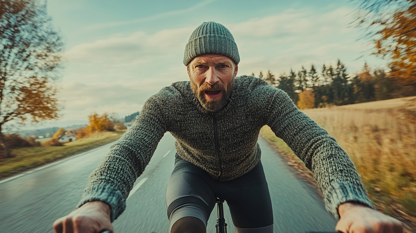 Man riding road bike with determined expression in race.