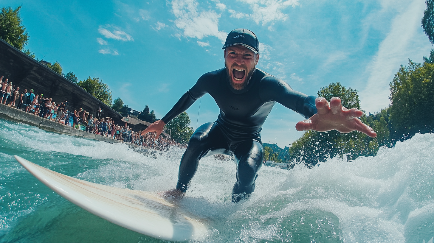 Man river surfing in Thun, determination and energy visible.