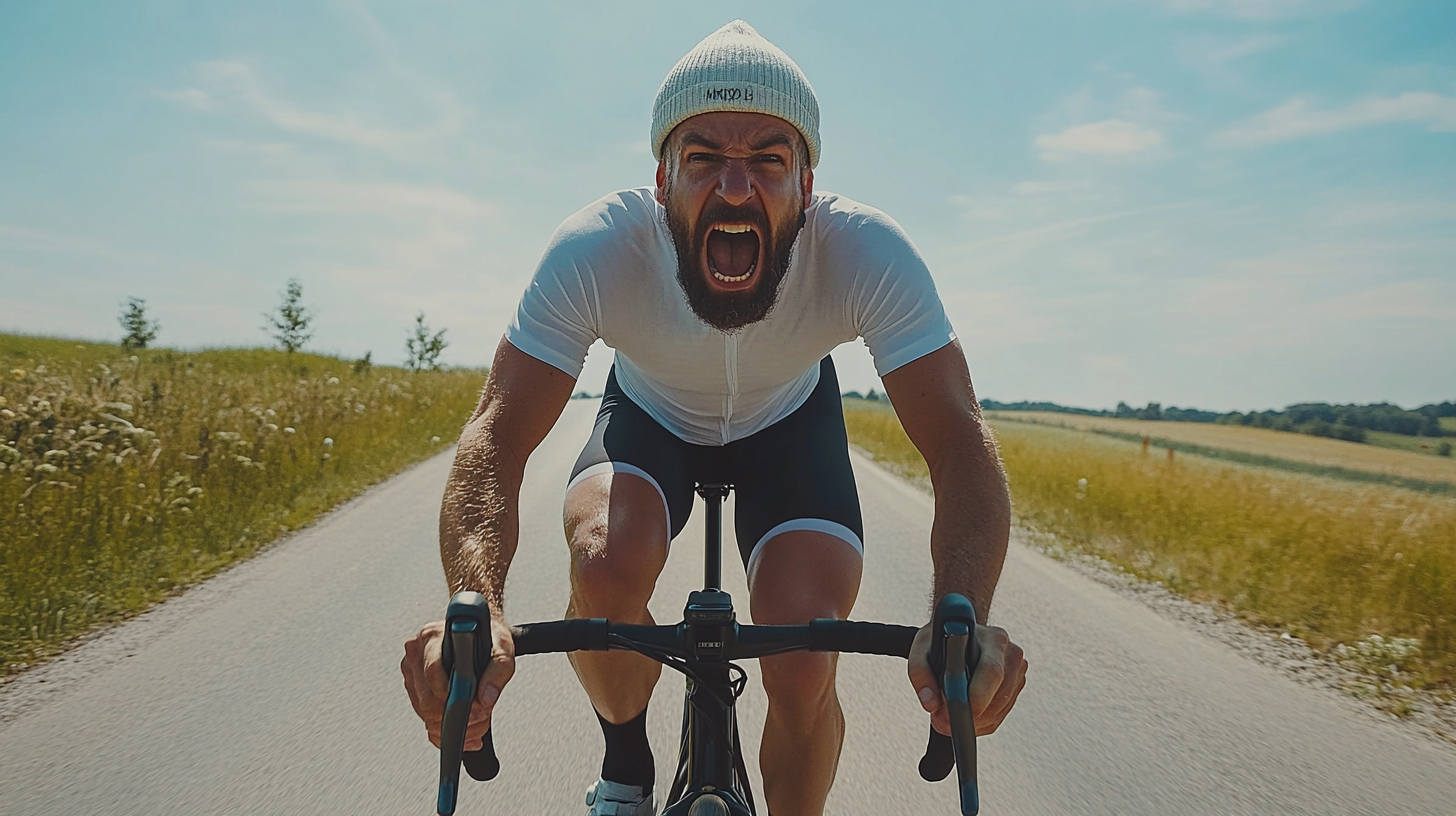 Man road biking with determination on country road race.