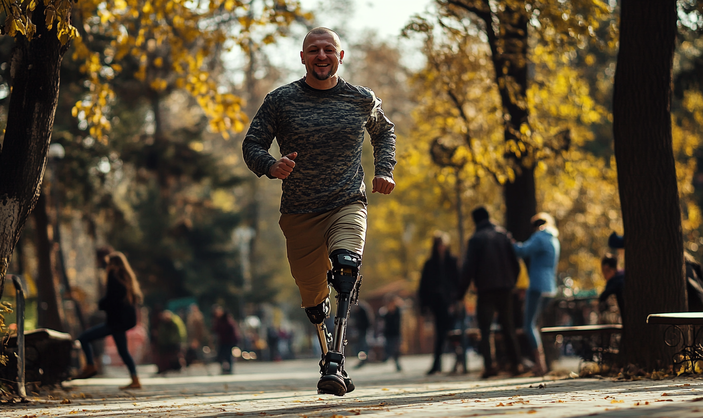 Man running in Ukrainian park with prosthetic leg