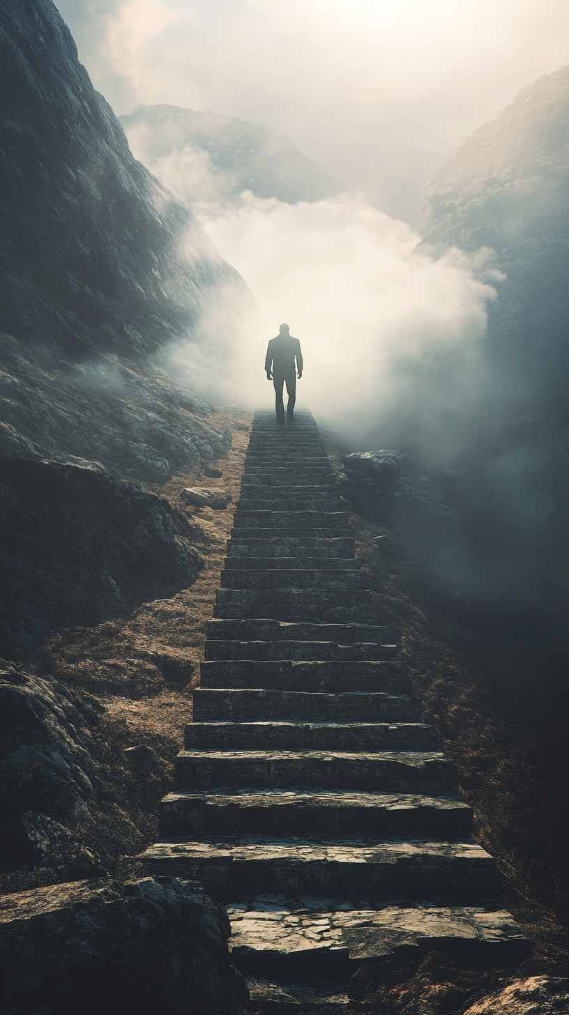 Man silhouette climbing endless stone steps into misty sky.