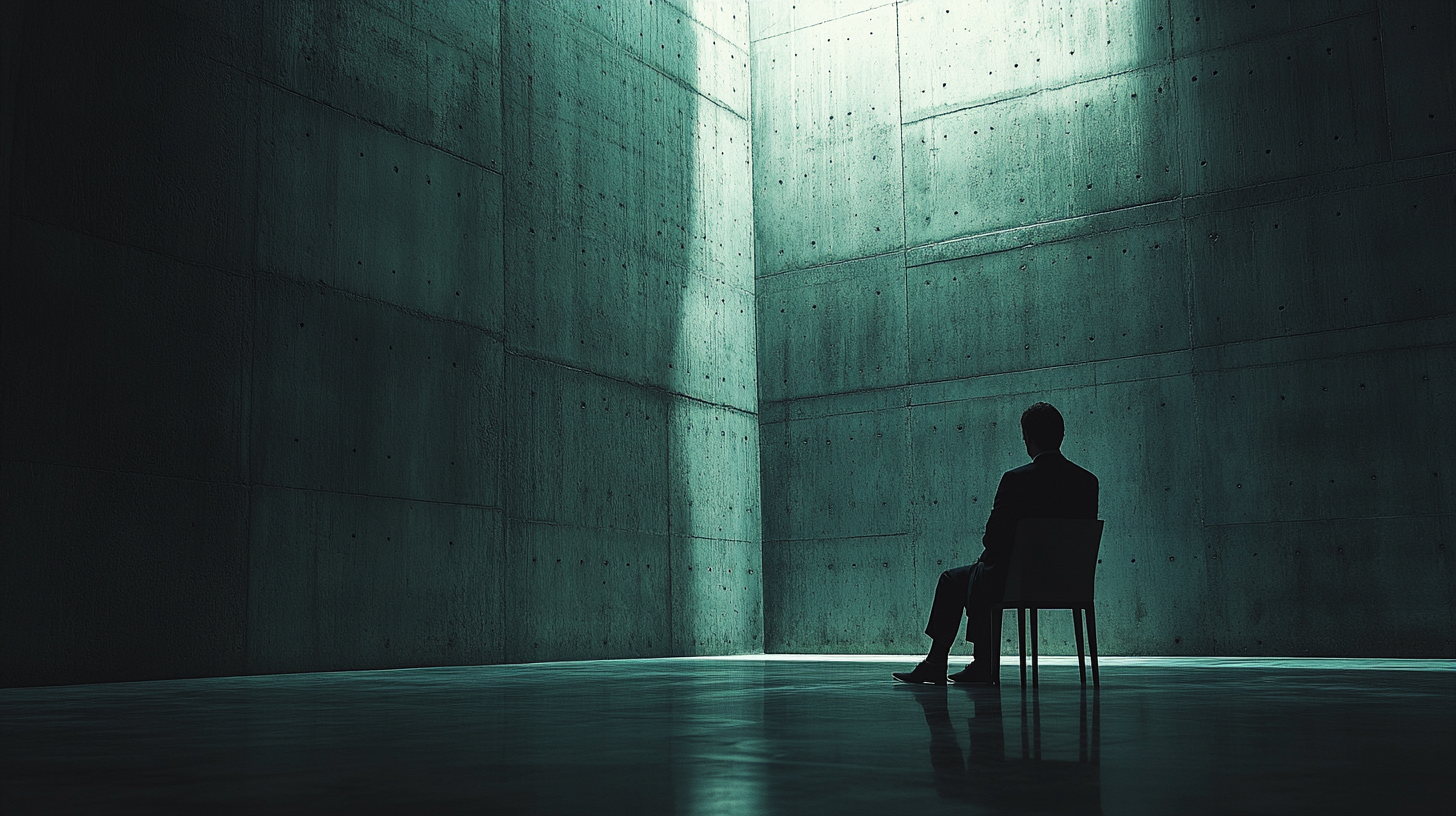 Man sitting in big dark concrete hall illuminated.