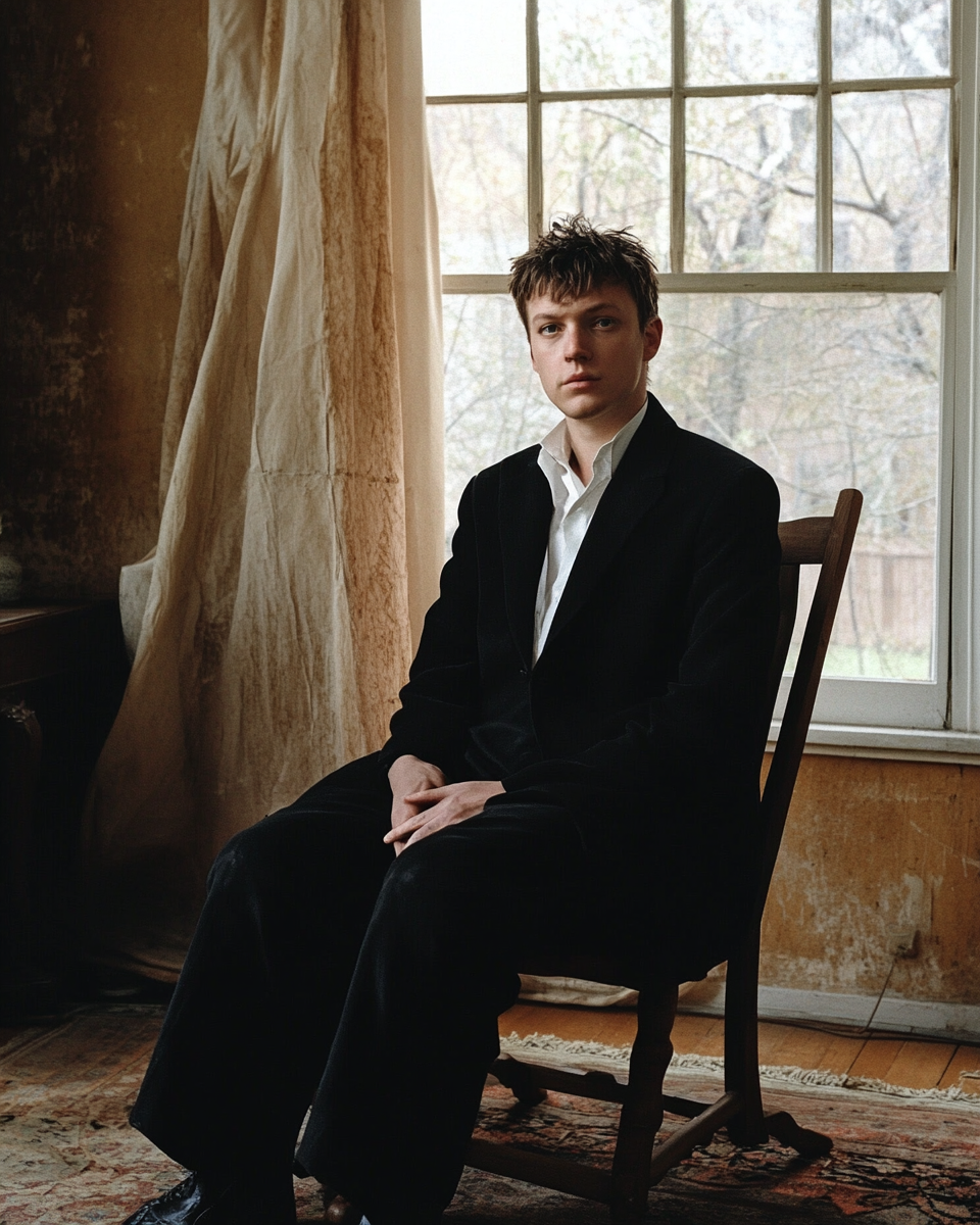 Man sitting in fitted black suit near big window.