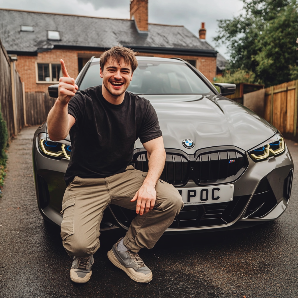 Man sitting next to car pointing up in photo.