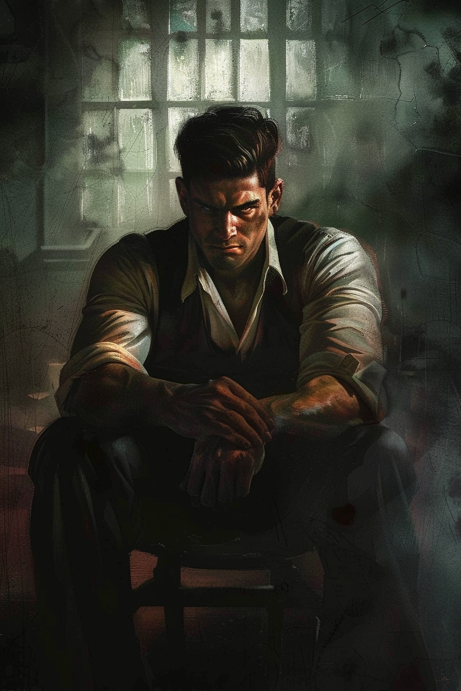 Man sitting with fists clenched, intense gaze, swirling shadows.