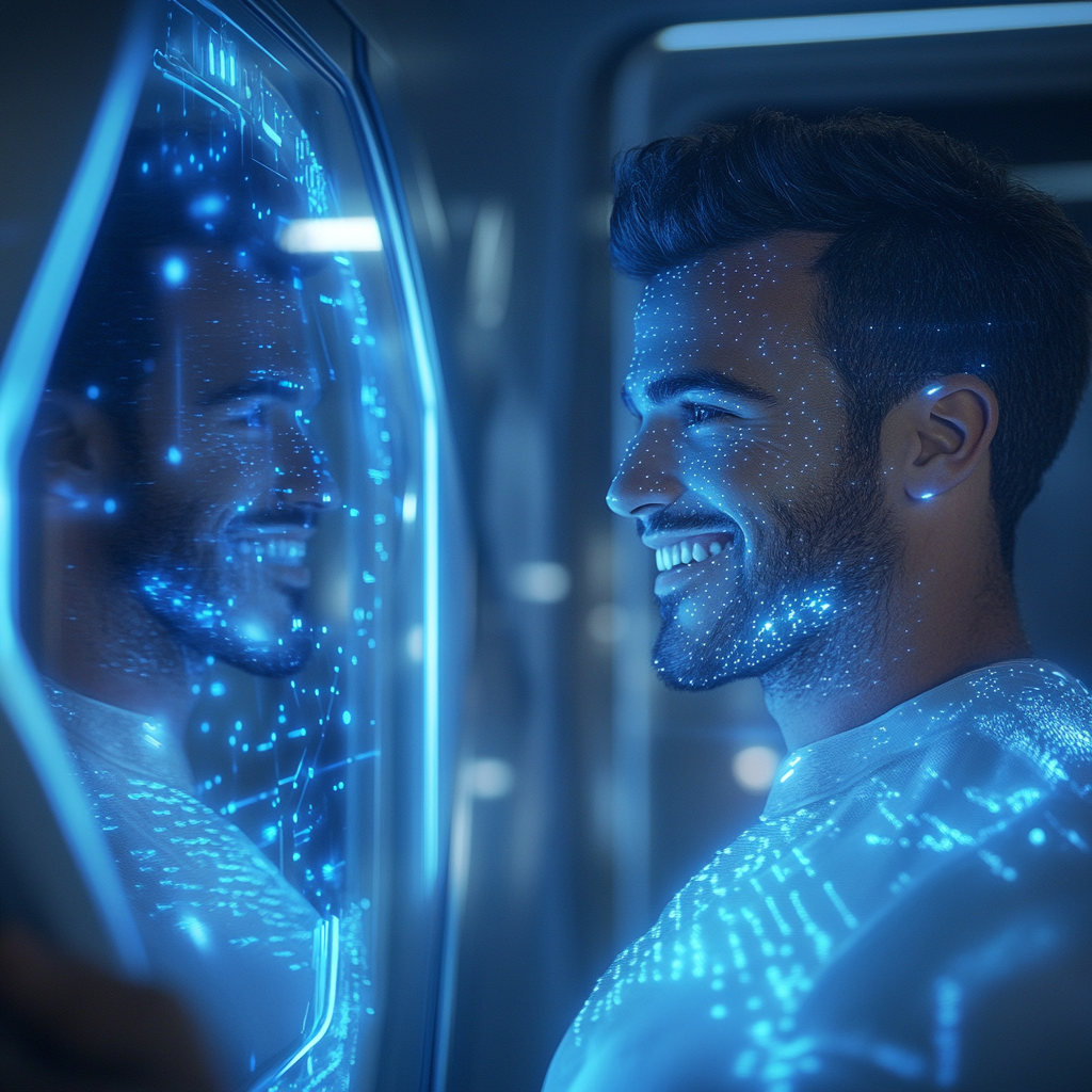 Man smiles at futuristic mirror with growing hair.