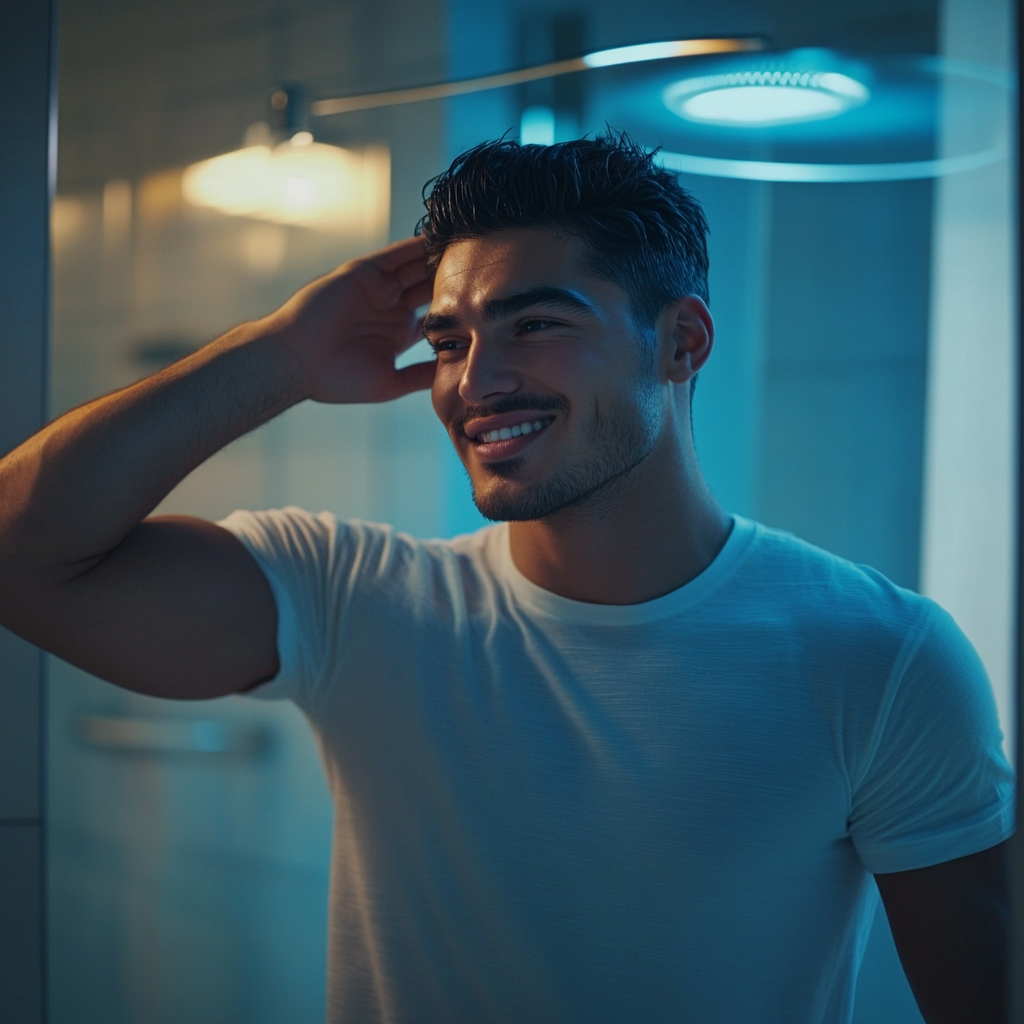 Man smiles in disbelief touching newly grown healthy hair.