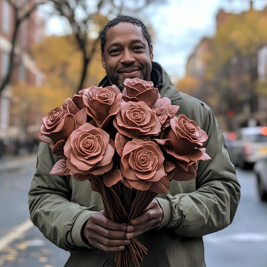 Man smiling, holding chocolate rose bouquet, walking in Bronx.