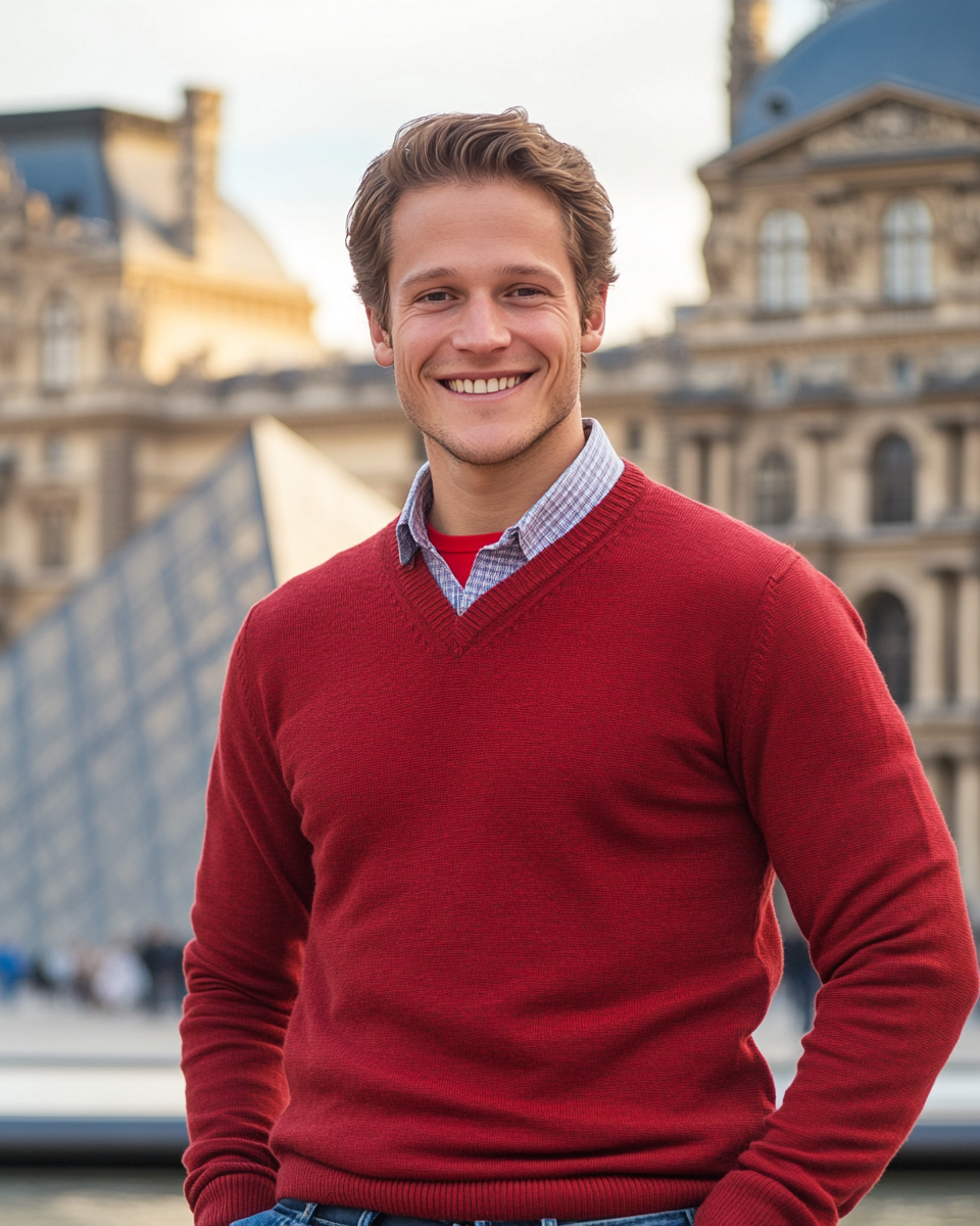 Man smiling in front of Louvre museum