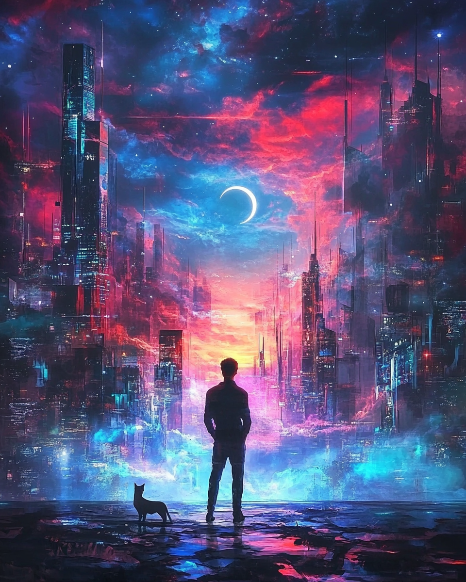 Man standing with cat in cyber city under cosmic skies.