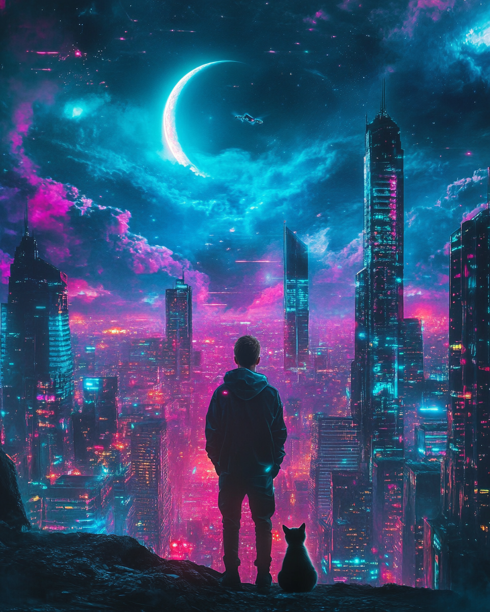 Man standing with cat in hyperrealistic cosmic cyber city.