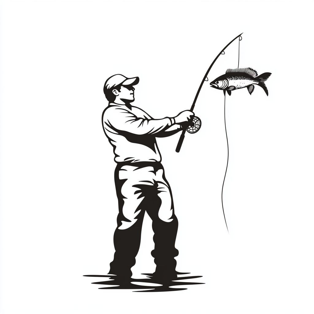 Man standing with fishing pole, holding fish, vector style.