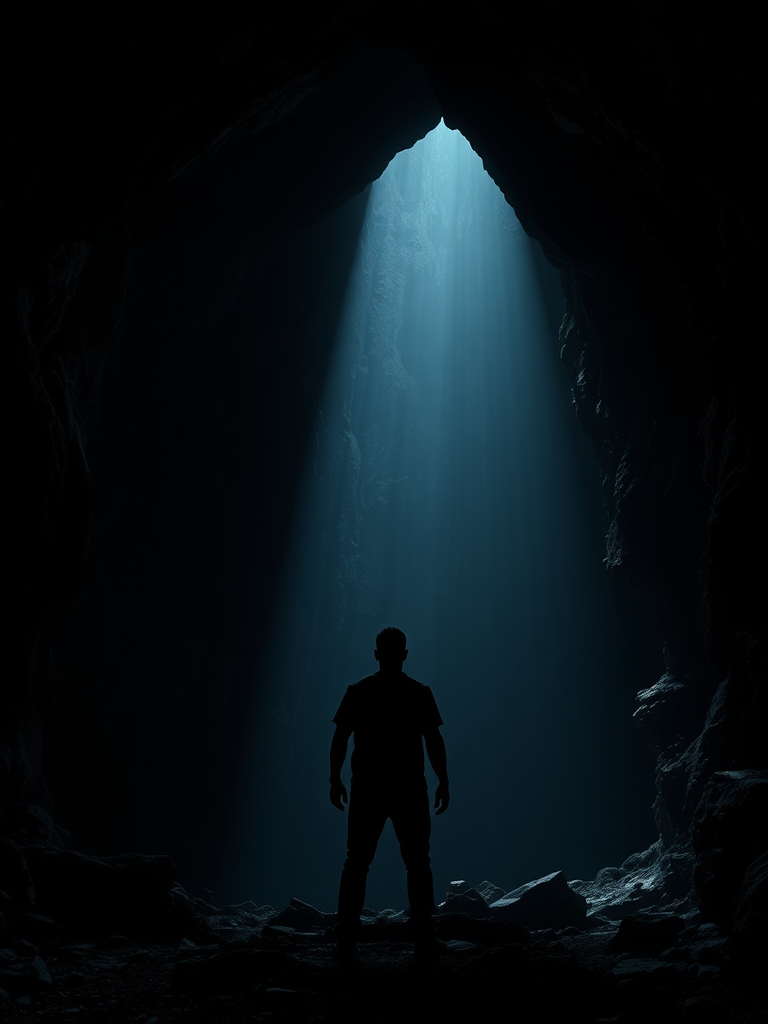 Man stands at entrance of massive cave.