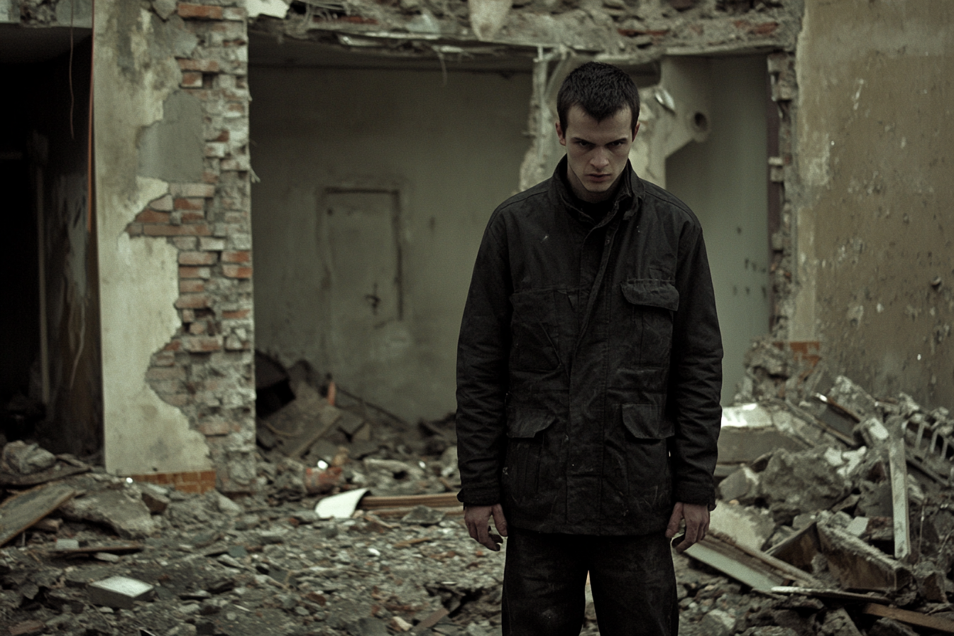 Man stands frozen as Berlin Wall is destroyed.