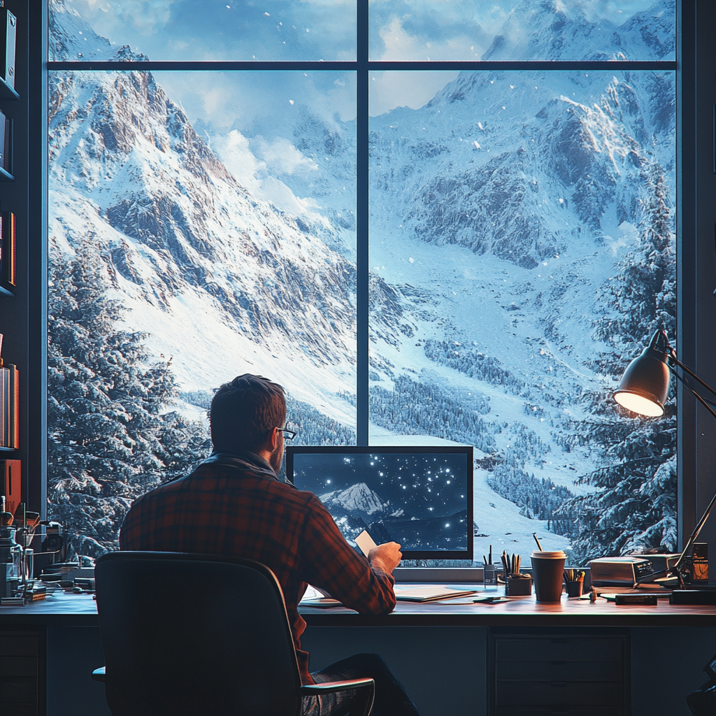 Man studying with coffee near Lamborghini Urus, snowy mountain.