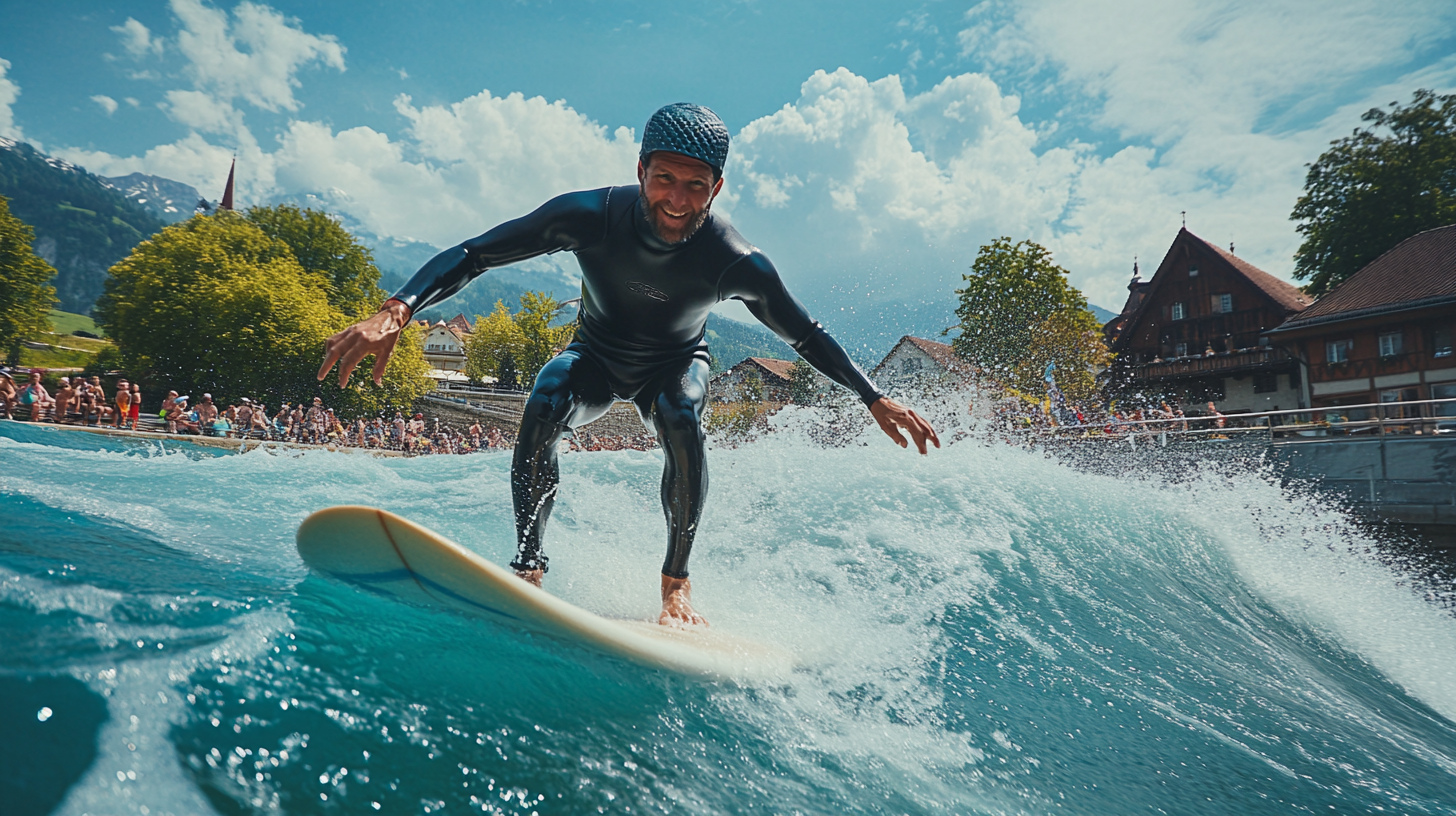 Man surfing in Thun river, determined and energetic photo.