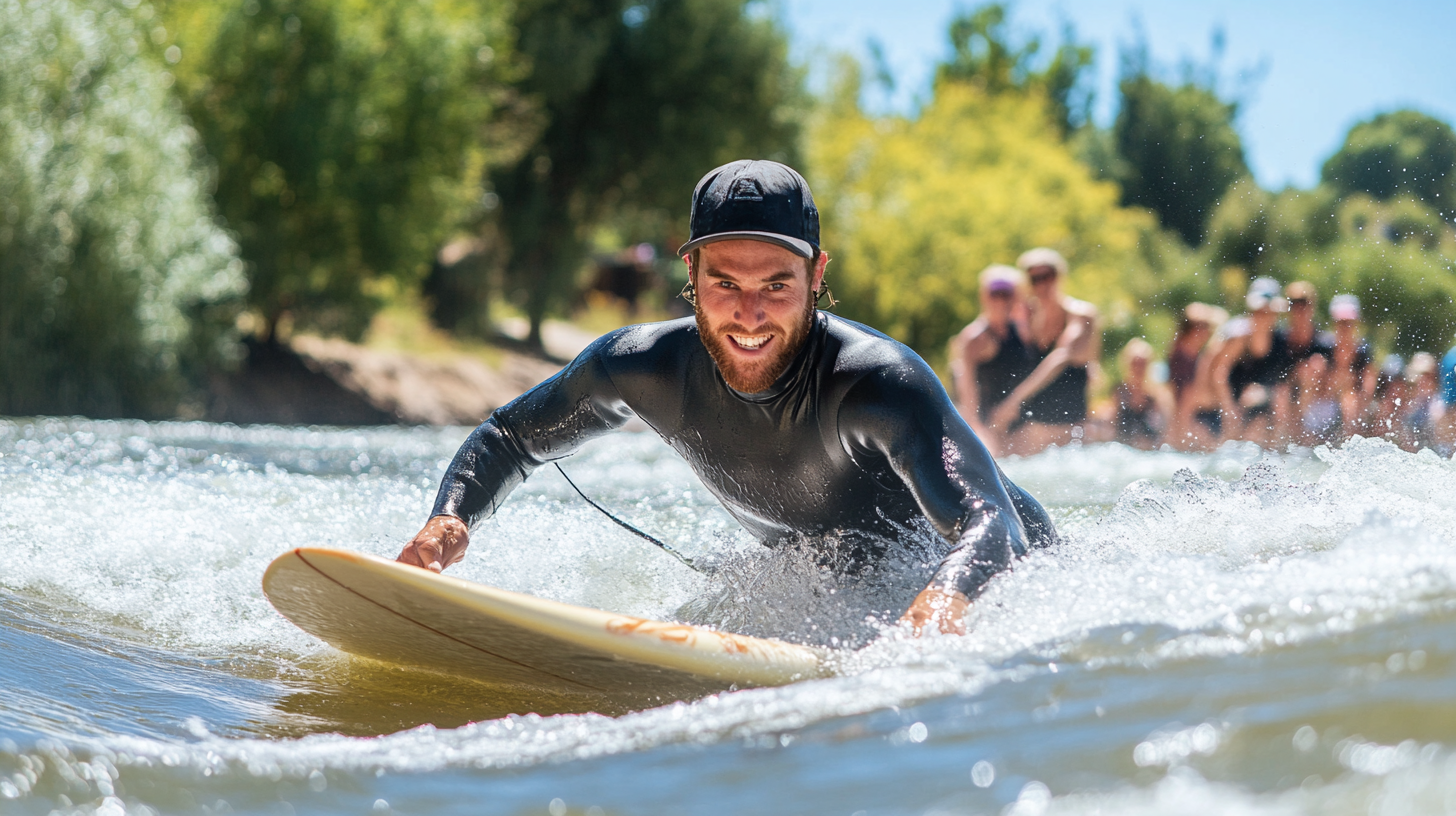 Man surfing with determination, cheered by supporters. Summer day.