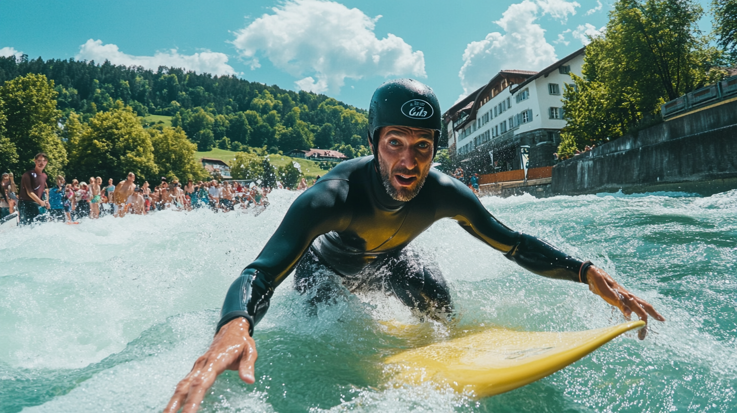 Man surfing with determination, people cheering on summer day.