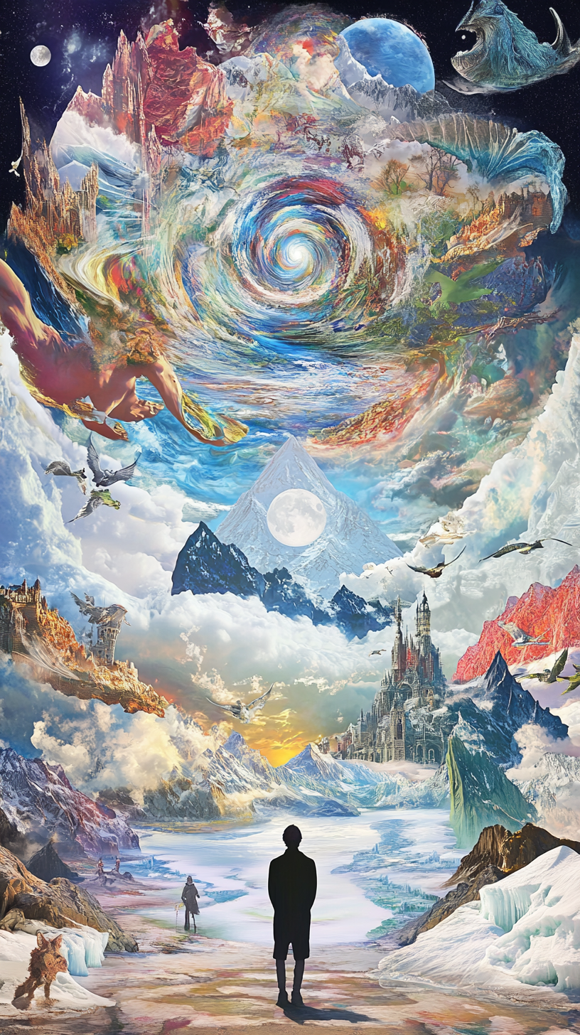 Man surrounded by surreal landscapes, fantasy creatures, and vibrant colors.