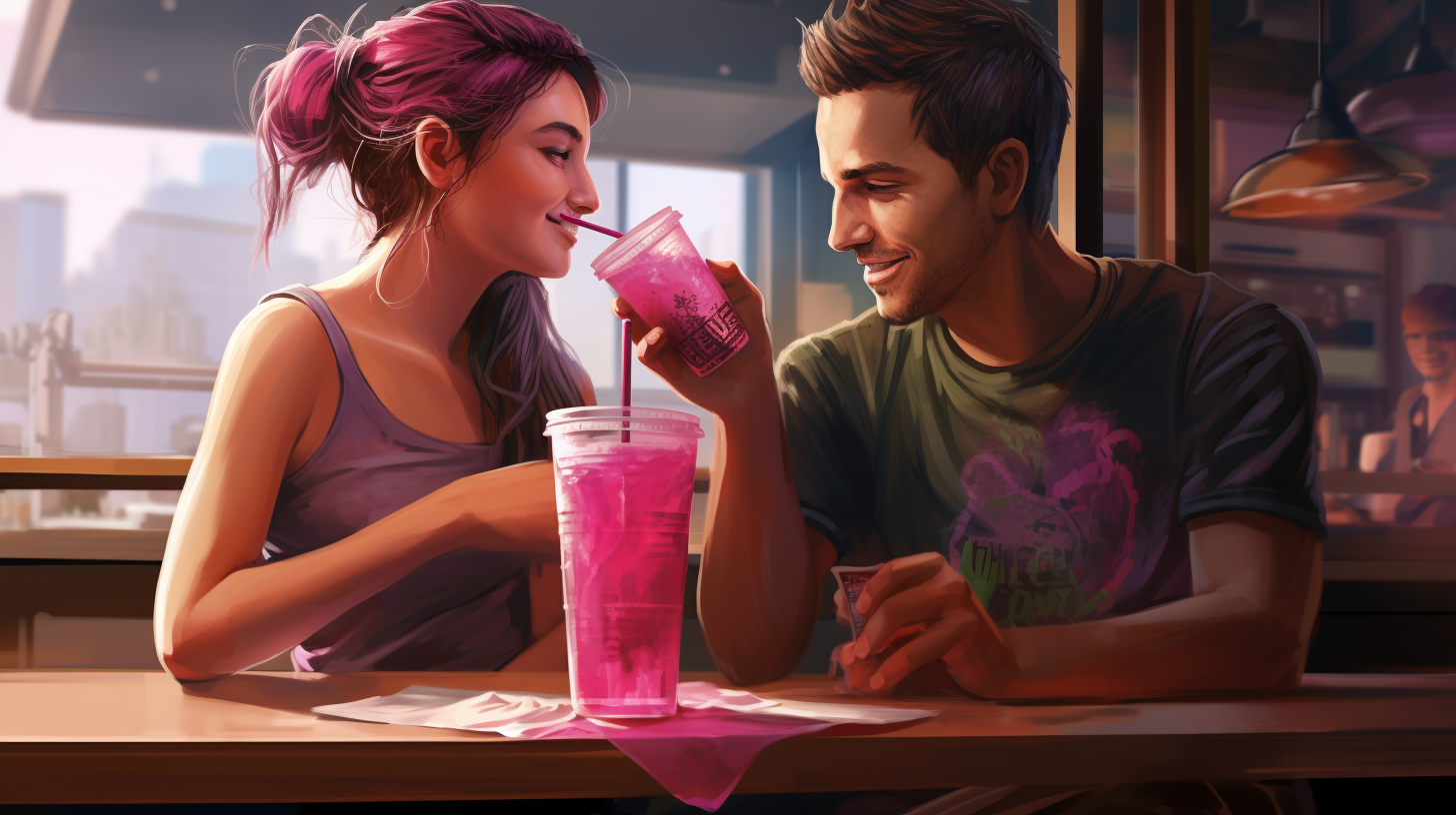 Man sweating from hot dragonfruit Starbucks, woman enjoying cool drink.