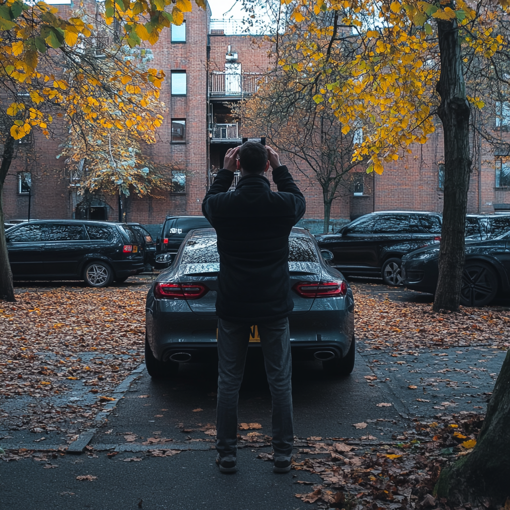 Man taking photo of car in Manchester parking lot.