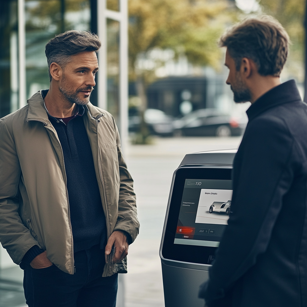 Man talks to sales rep by charging vehicle