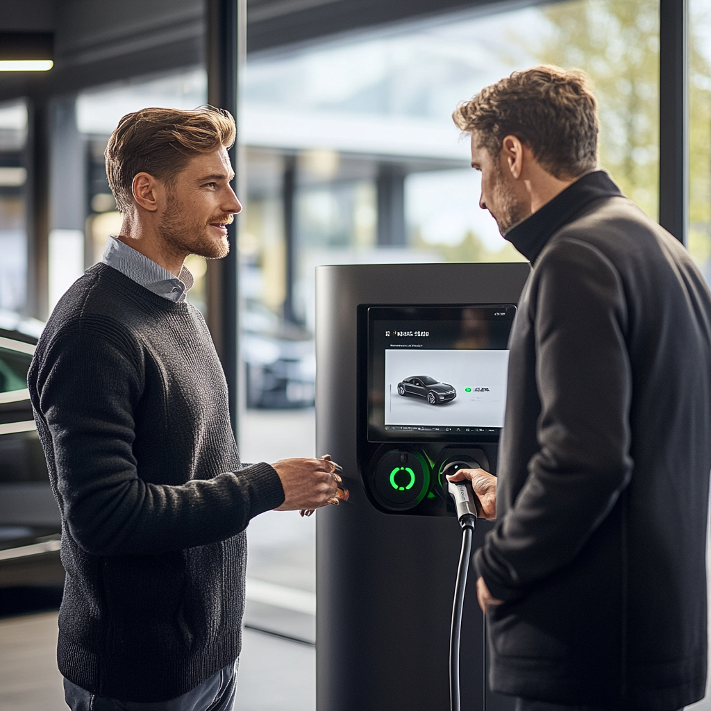 Man talks to salesperson at charging station