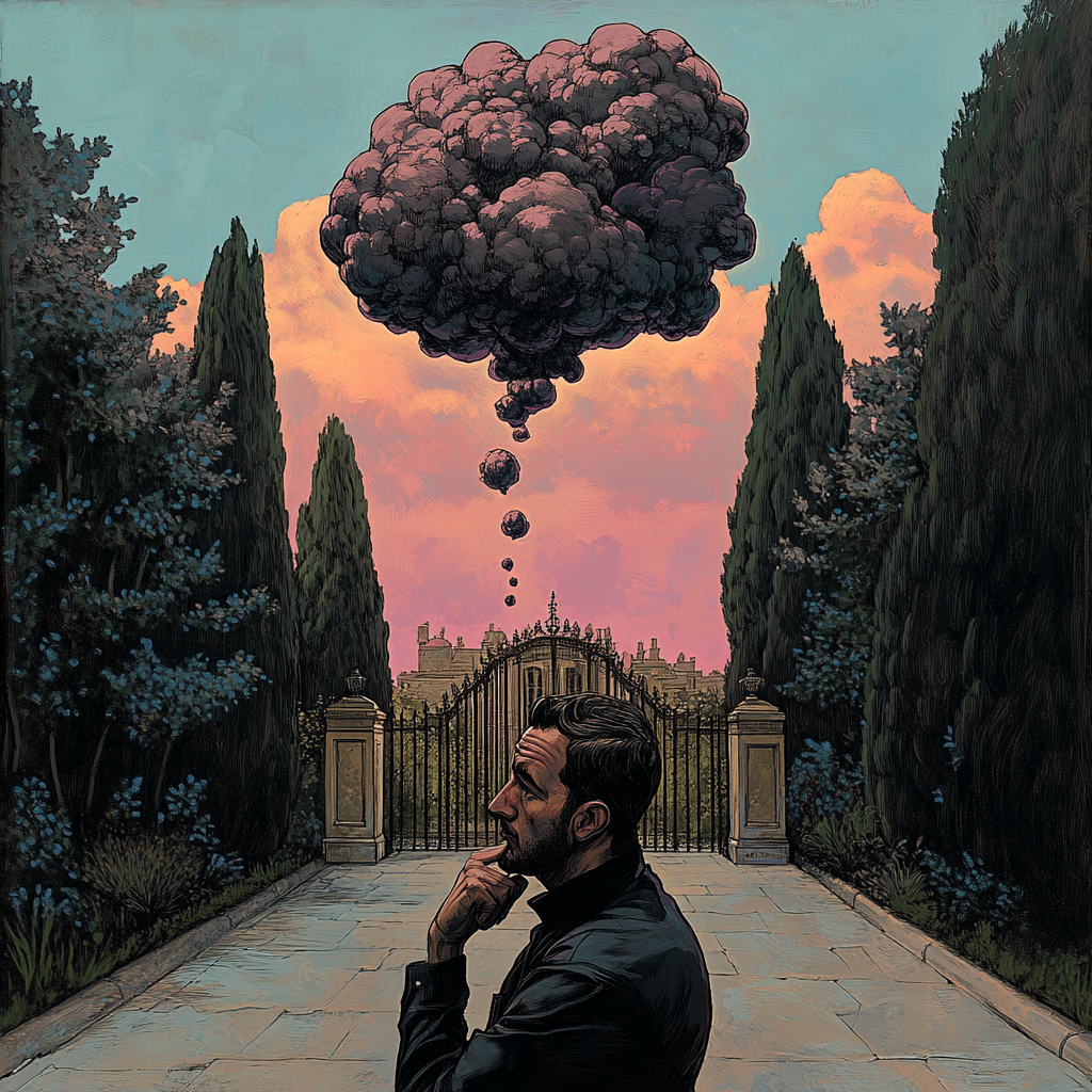 Man thinking with thought bubble of large mansion twilight sky