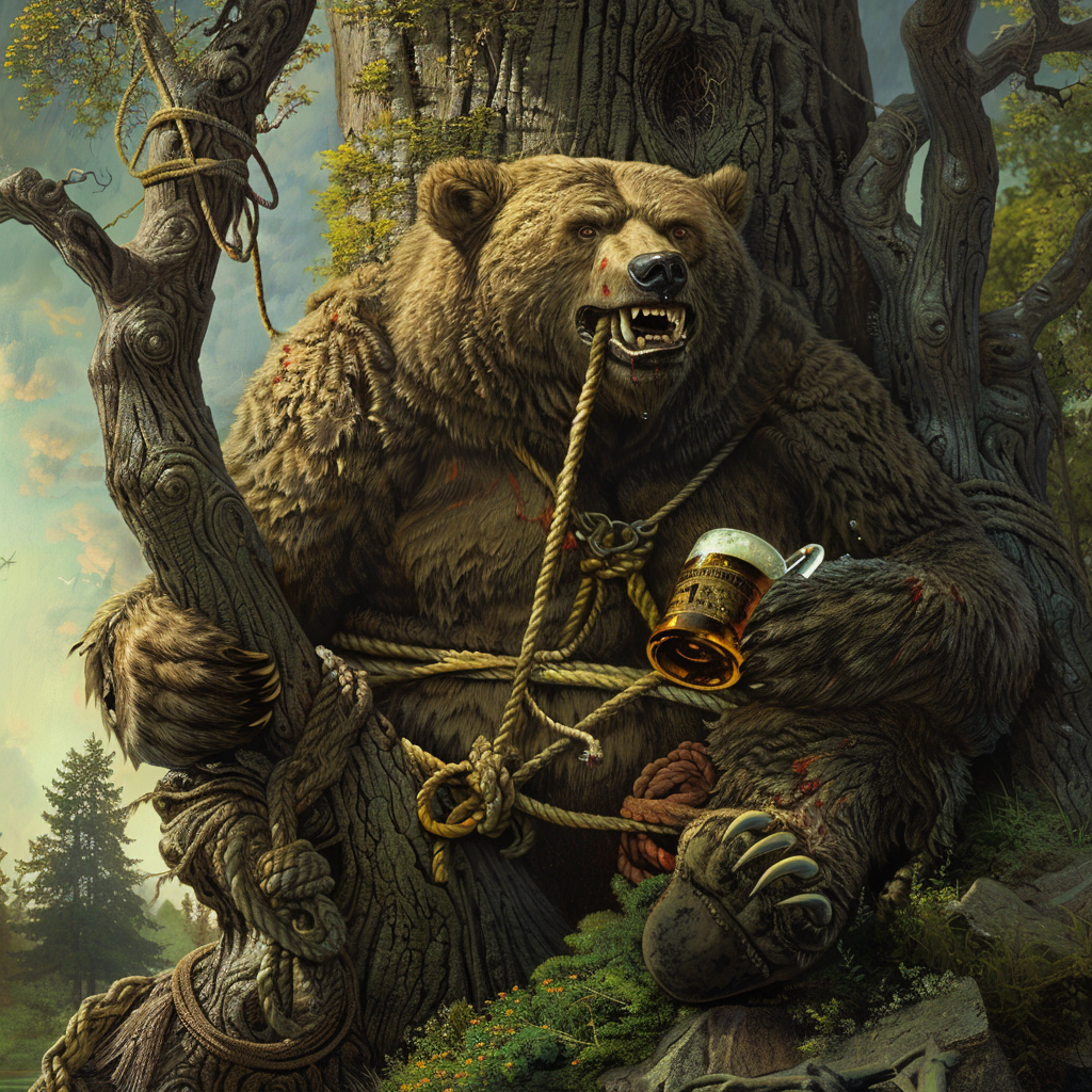 Man tied to tree, bear with beer mug.