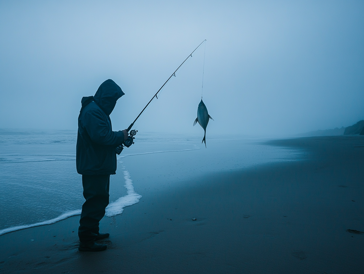 Man tries to catch blowfish in foggy dawn