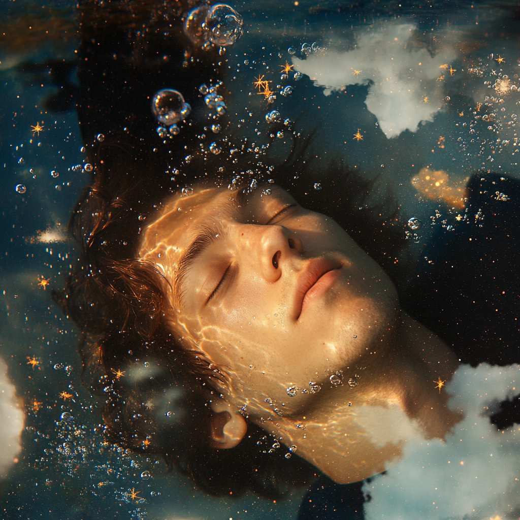 Man underwater in constellations, breathing bubbles, eyes closed.