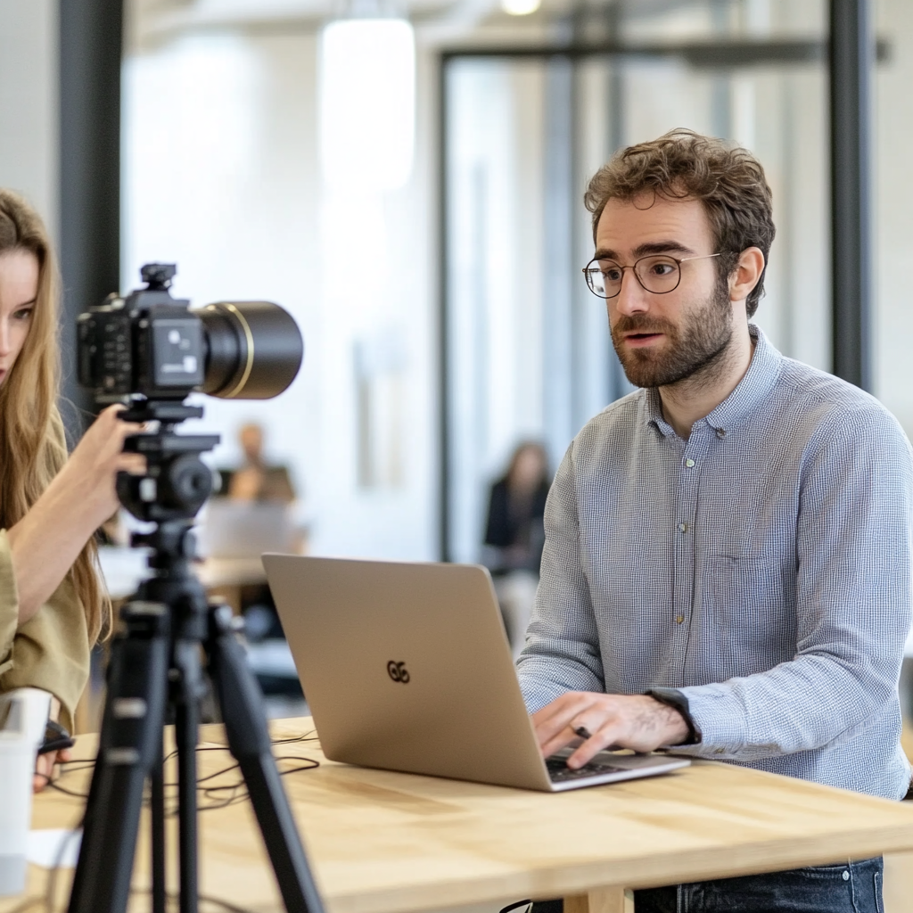 Man uses France.tv site with interviewer in tech room.