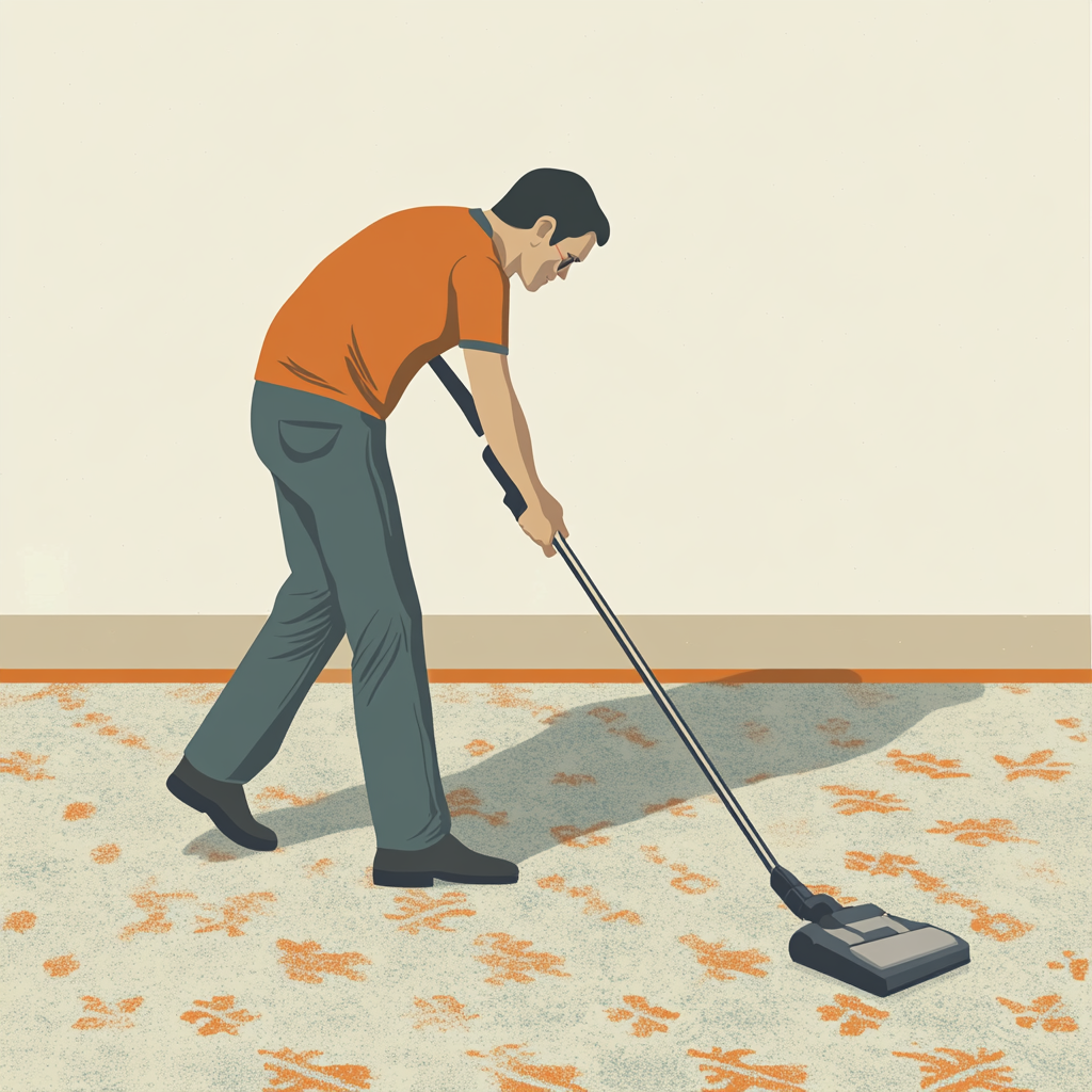 Man vacuuming carpet in John Holcroft style