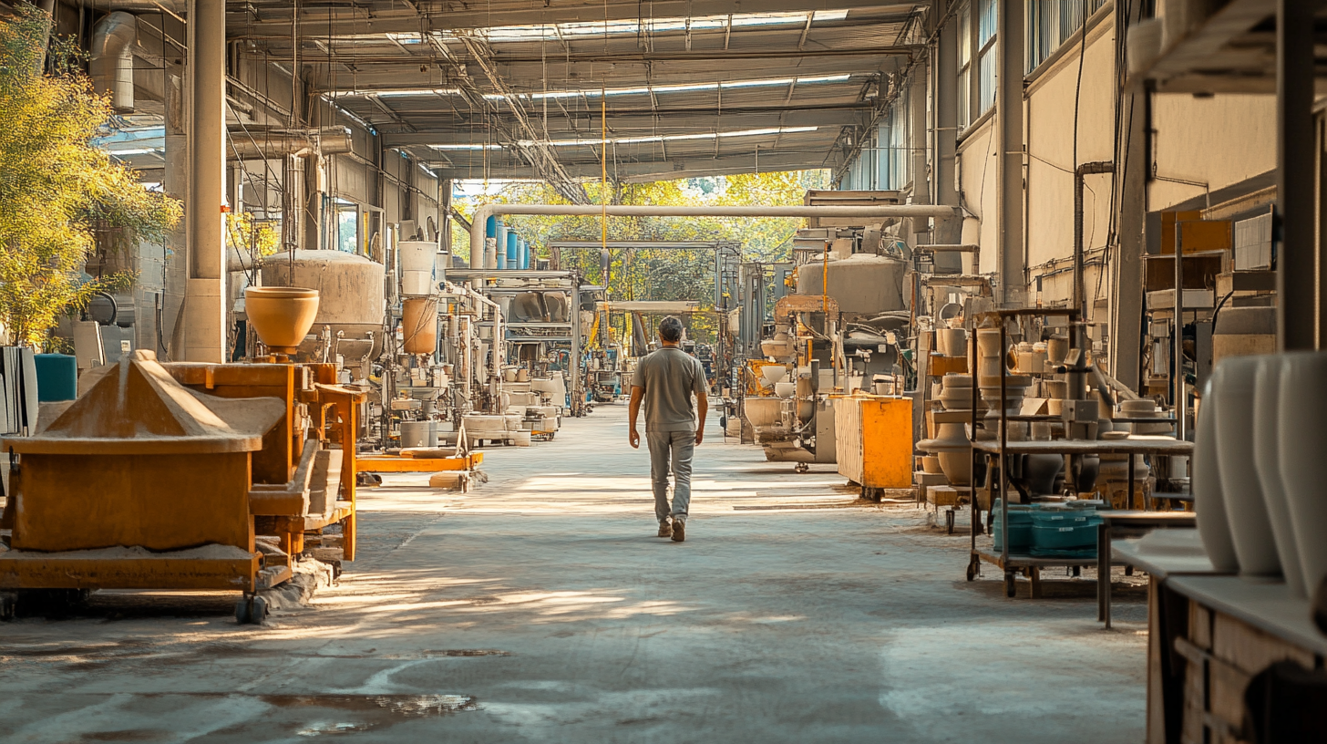 Man walks through ceramics plant with workers, machinery.