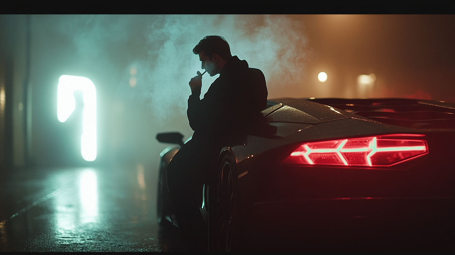 Man with Cigarette Leaning on Black Lamborghini at Night