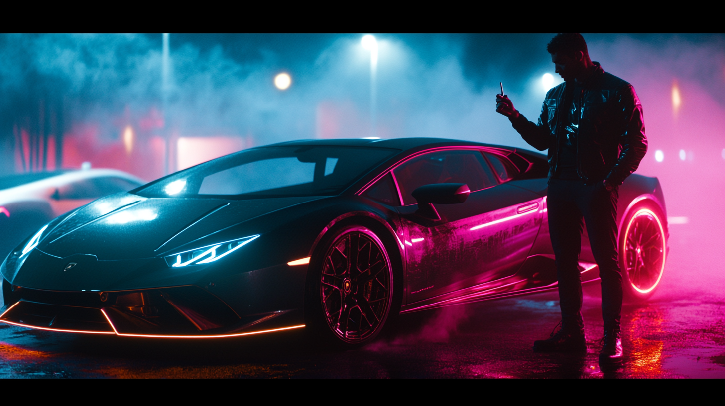 Man with Cigarette by Neon-Lit Lamborghini at Night