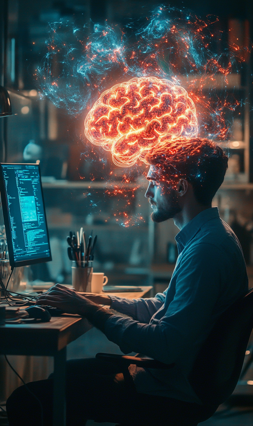 Man with Glowing Brain Working on Computer