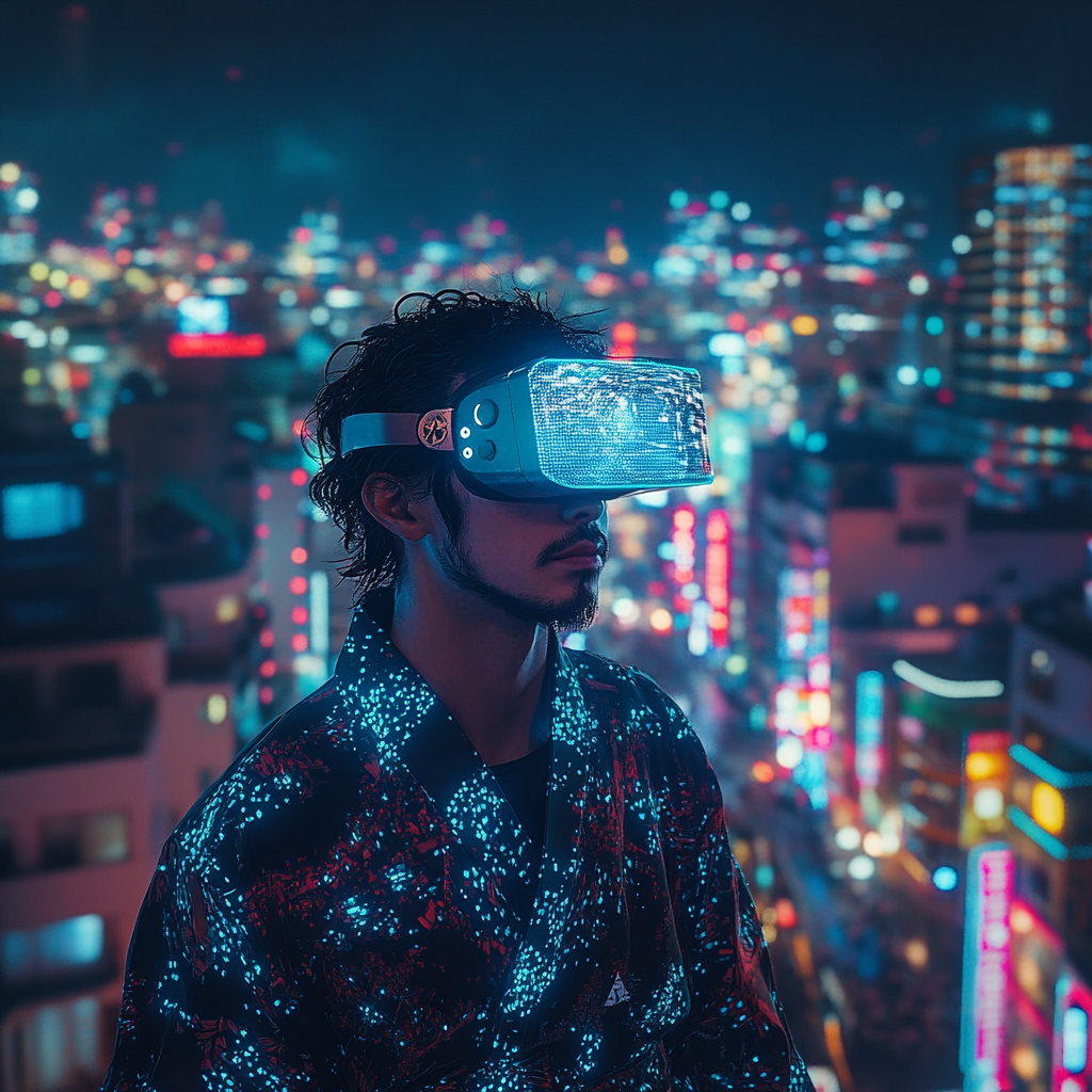 Man with VR helmet in surreal cyberpunk city.