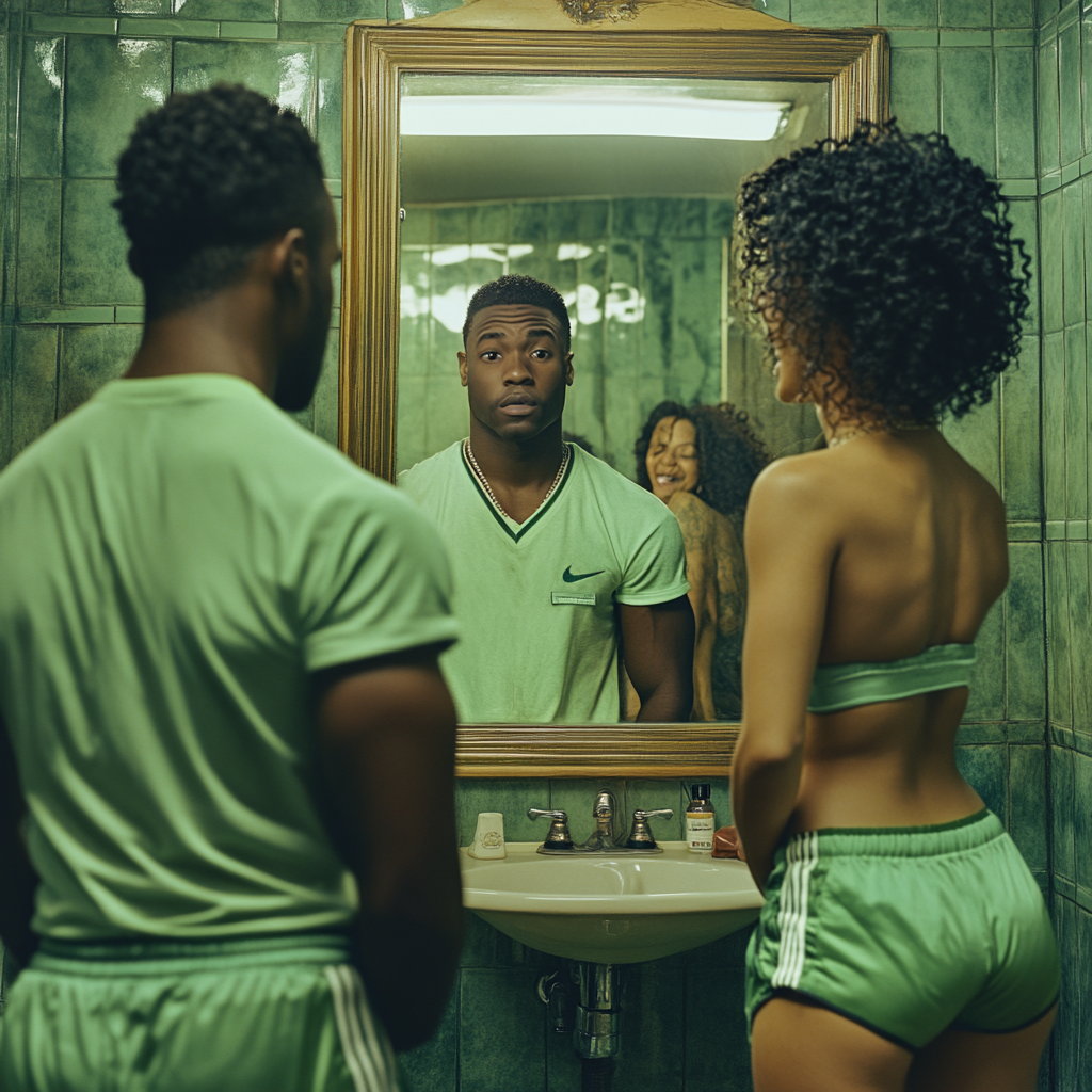 Man with bad hairline looks in mirror at barbershop.