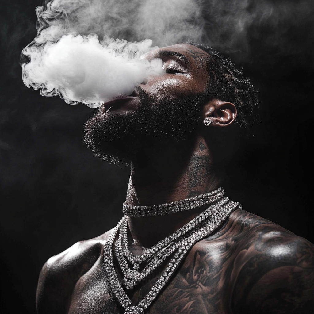 Man with beard, diamonds exhaling smoke, tattoos, dramatic lighting.