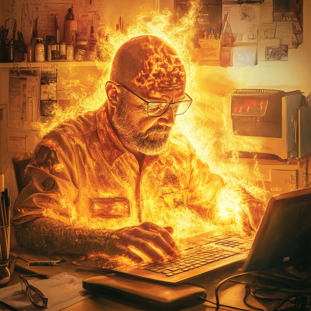 Man with beard and glasses melting into desk.