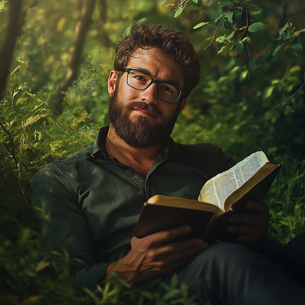 Man with beard and glasses reads Bible in nature.